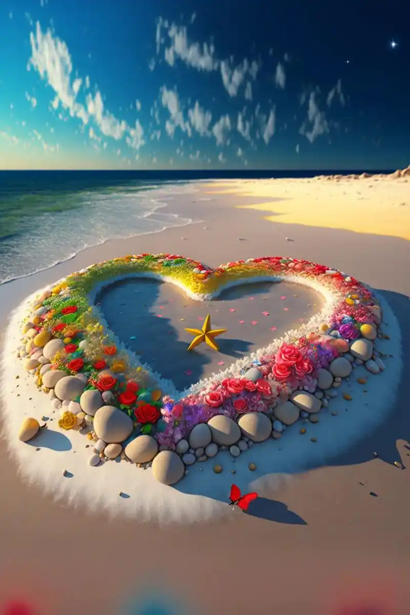 喜欢海滩的边缘的石头围成心形,喜欢海边的阳光,喜欢海边的水, - 抖音