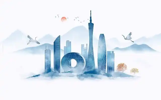 手绘古风水墨山水建筑广州城市建筑插画海报背景城市建筑广州