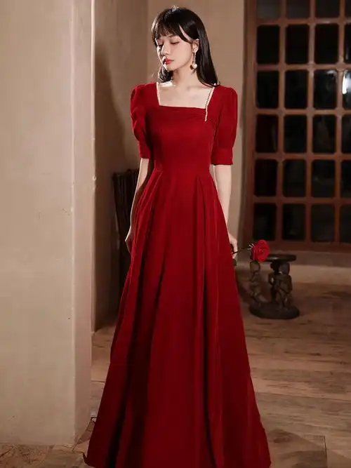 敬酒服新娘冬季2021新款婚礼长款酒红色轻奢法式高级感小晚礼服女