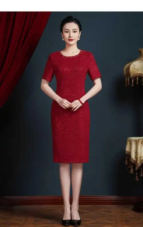 喜婆婆婚宴装套装裙两件套红色喜庆连衣裙婚礼妈妈礼服女一件代发