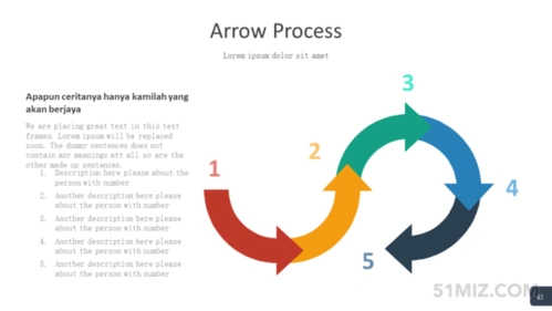 彩色16:9宽屏5项简洁ppt流程图拐弯箭头