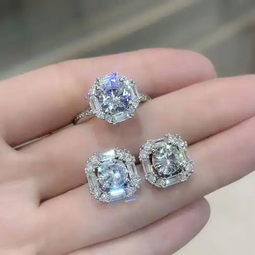 四爪扭臂镶嵌正品仿莫桑石方形钻戒指耳钉铂金仿真2克拉婚戒套装