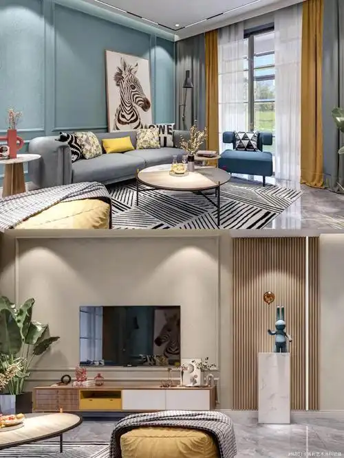 卡百利客厅沙发背景墙应用湖水蓝的阿尔卑斯艺术涂料