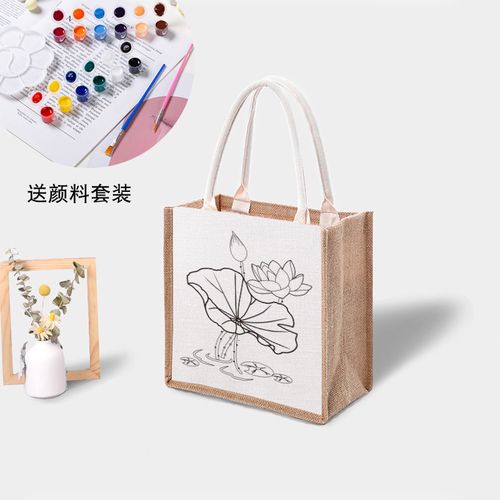 古风彩绘麻布袋花朵环保购物袋活动涂鸦布袋写生diy手绘黄麻布包