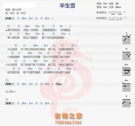 《半生雪》,当前半生雪吉他谱共有高清图片谱1张         ;歌词片段