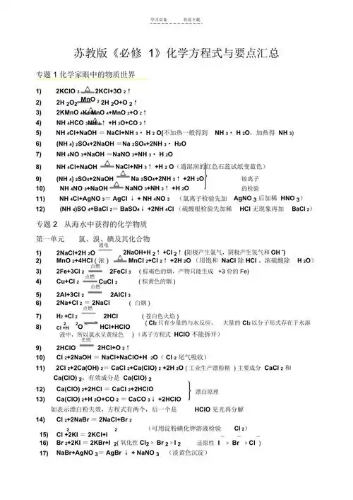 苏教版化学方程式汇总_第1页