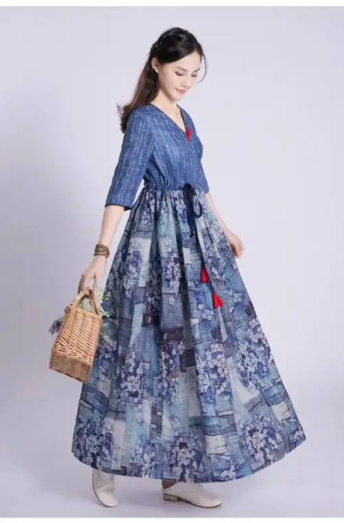 2021秋季新款连衣裙5分袖碎花复古轻文艺亚麻气质收腰仙女长裙女