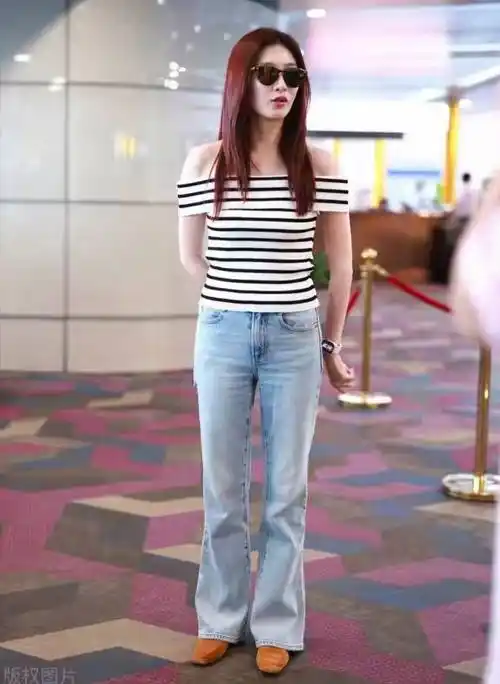 江疏影的条纹海魂衫造型,清新减龄_牛仔裤_下身_比例