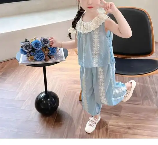 女童夏季套装新款儿童小清新洋气小女孩娃娃领上衣两件套 - 17网