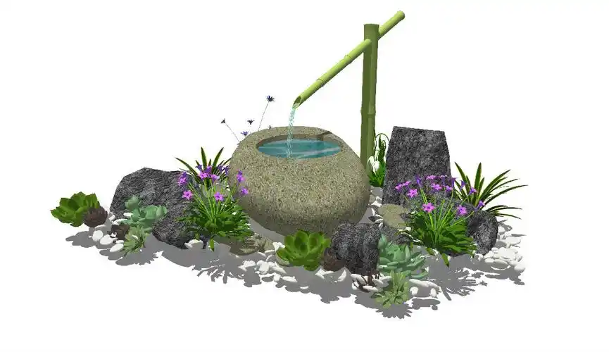 日式禅意自然石水钵惊鹿竹流水石盆枯山水竹子跌水水景小品su模型