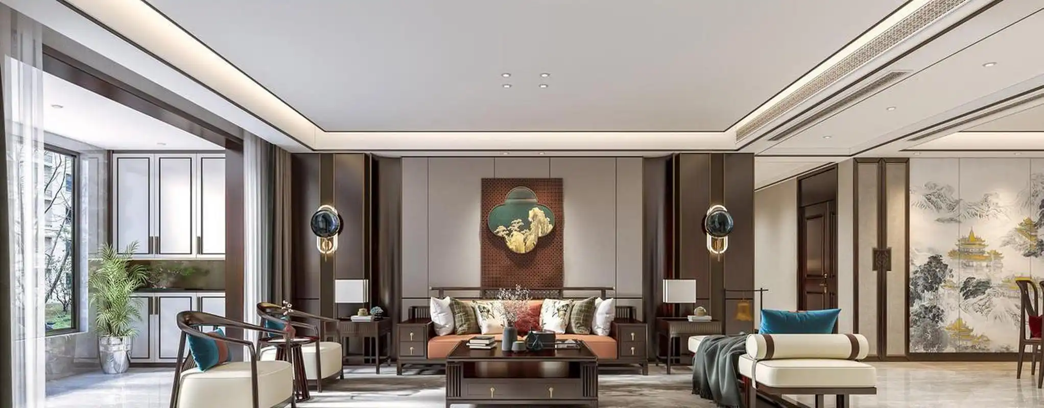 大平层新中式客厅餐厅设计效果图分享.  你喜欢这样的装修吗?