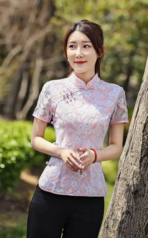 文艺复古中国风改良中式蕾丝唐装女夏短袖短款旗袍上衣2019新款春