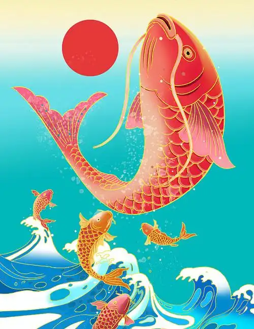 中国风传统文化吉祥图案鲤鱼跳龙门新春海浪背景国潮商务插画图片下载