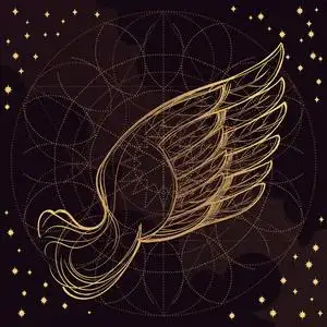 金色的天使可爱的翅膀卷曲微笑的婴儿男孩天使与光在蓝天背景.