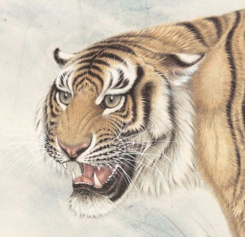 老虎微喷艺术高清装饰画国画动物上山当代猛虎国画