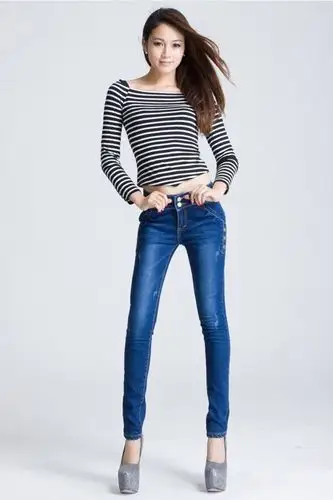 t-hill2014春夏新款女装 韩版修身两粒扣高腰牛仔裤女 磨旧破洞长裤