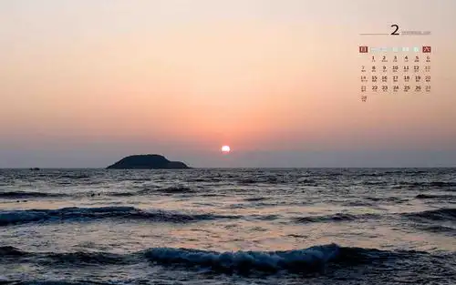 2021年2月日暮黄昏海边唯美风光日历,月历壁纸-回车桌面