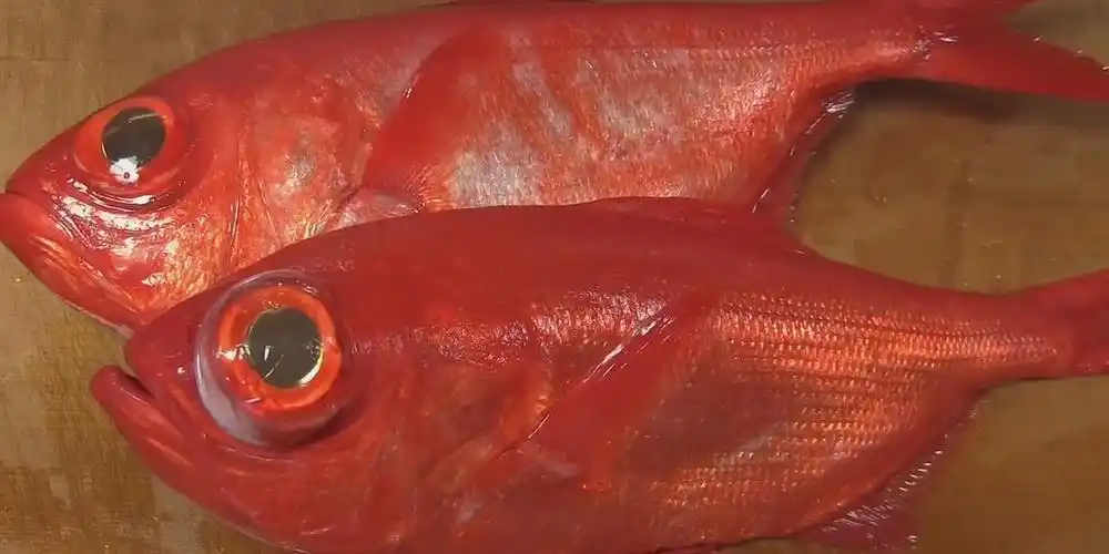 日本厨师处理鲜红色大眼金目鲷鱼快刀清理做传统鲷鱼刺身