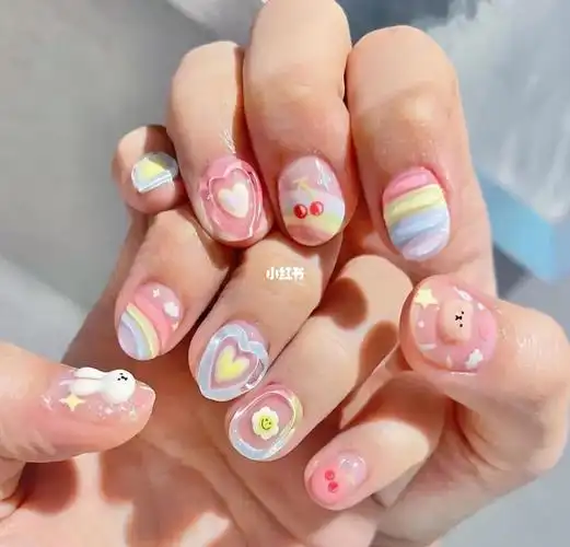 ins|小指甲可爱手绘彩虹色96美甲