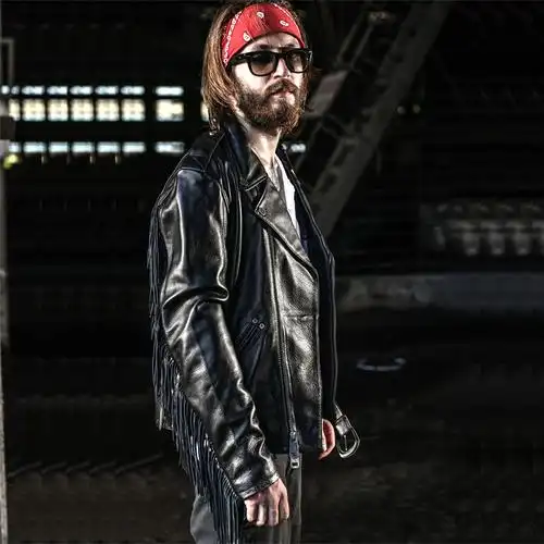 哈雷机车皮衣男摇滚嘻哈流苏腰带真皮皮夹克牛皮斜拉链青年外套潮