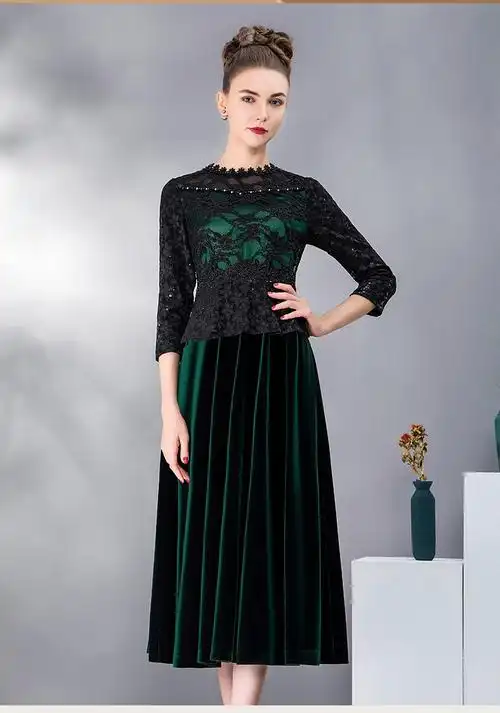 名兰世家女冬女装新品礼服连衣裙时尚名媛气质丝绒蕾丝拼接枣红45m