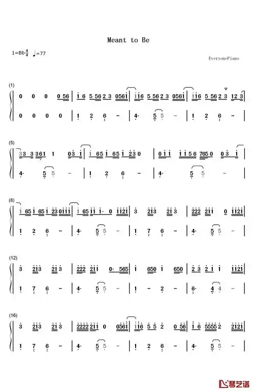 meant to be钢琴简谱歌词baby lay on back and relax, kick your