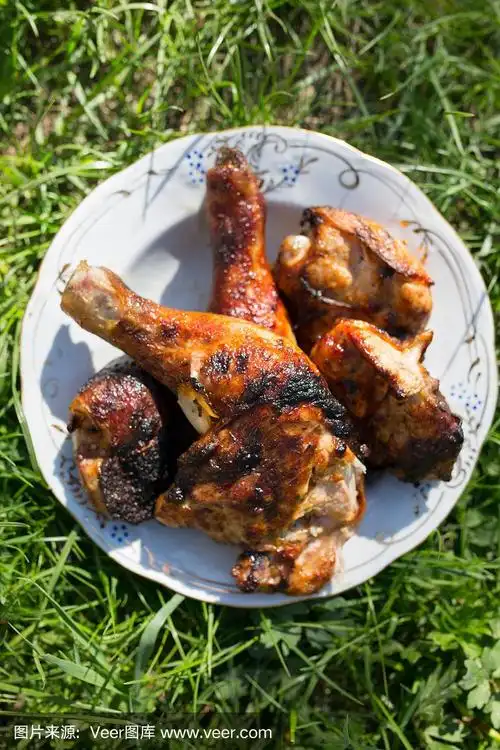 烤鸡躺在户外的盘子上,背景是绿草.夏日垂直美食照片.