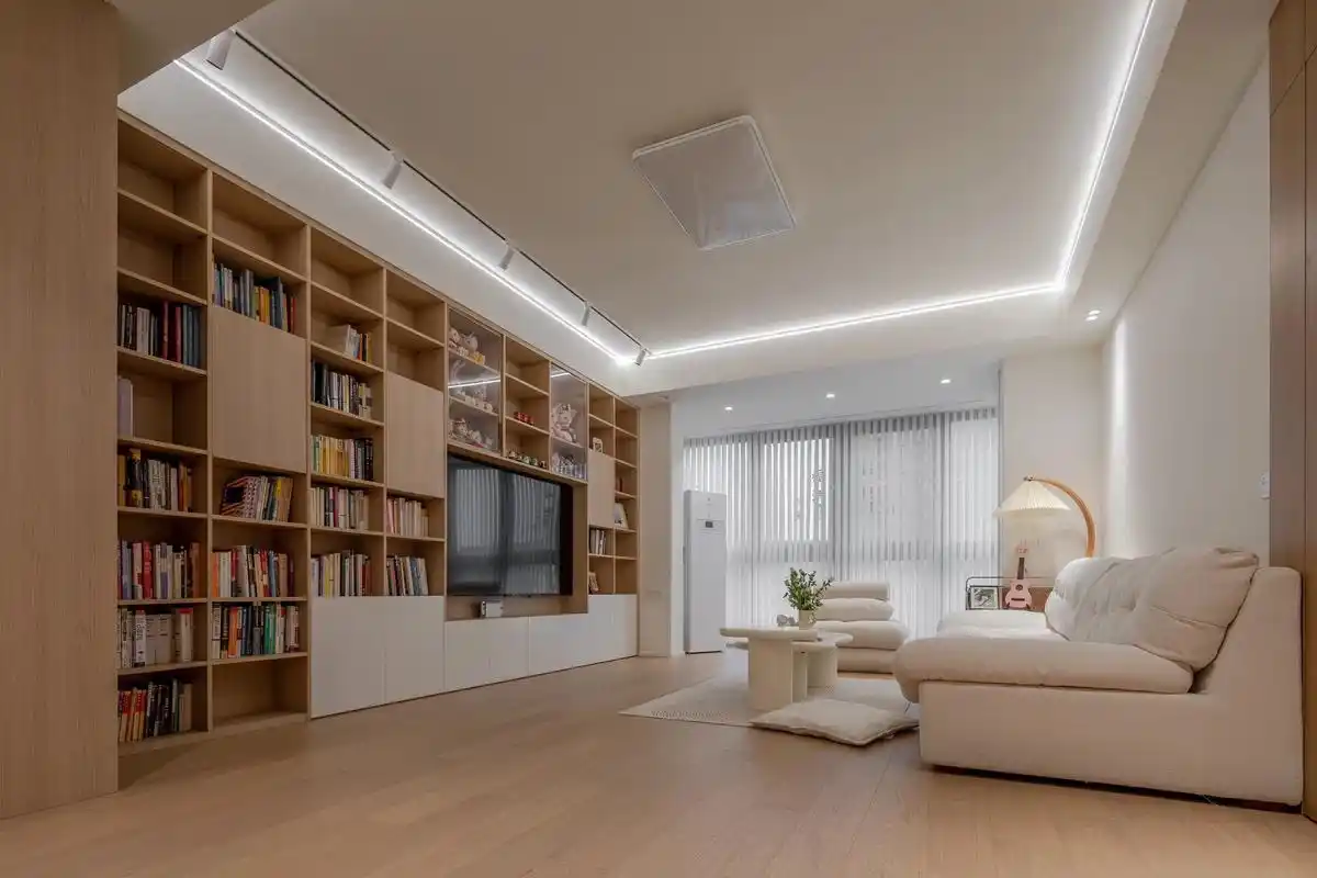 客厅满墙书柜-把电视背景墙做成满墙书柜  整个客厅长5米,宽4米,那么