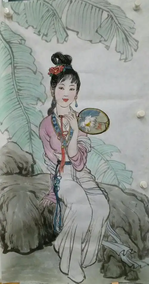 2017年吴元春古装仕女专修(一)班第13课写意画《倚石持扇仕女》一张增