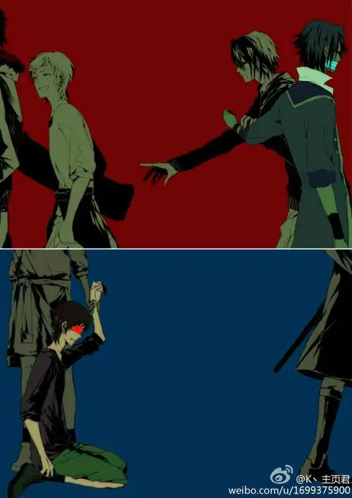 求动漫图片,一个人向一侧走,另一群人反方向走,类似我画的这种感觉!