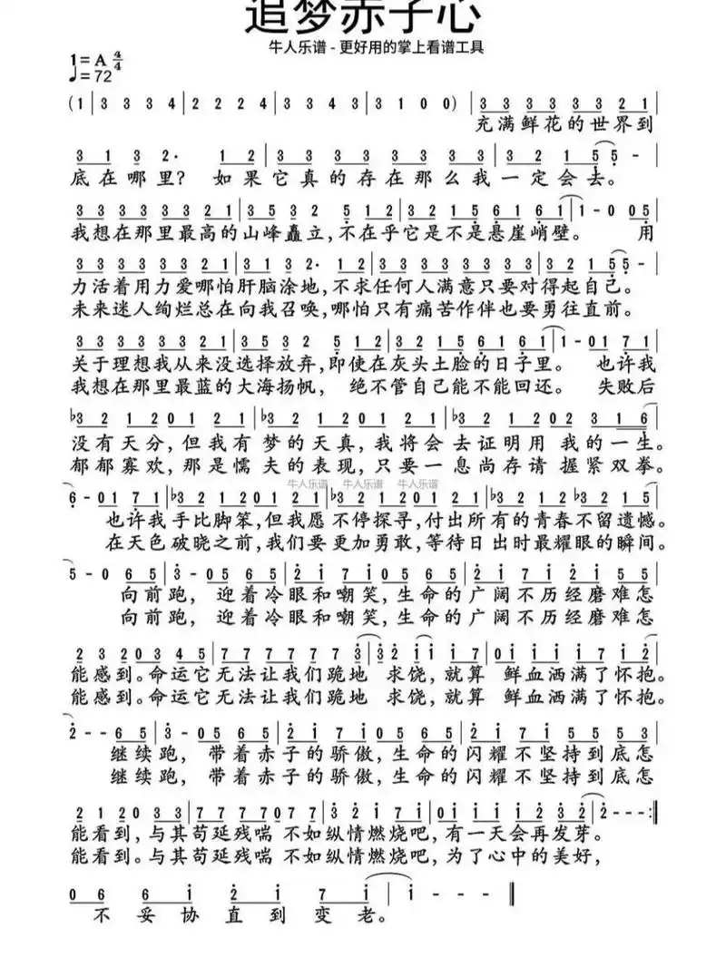 《追梦赤子心》简谱 《追梦赤子心》简谱