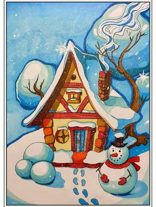 创意插画冬日雪景雪中屋房子马克笔手绘