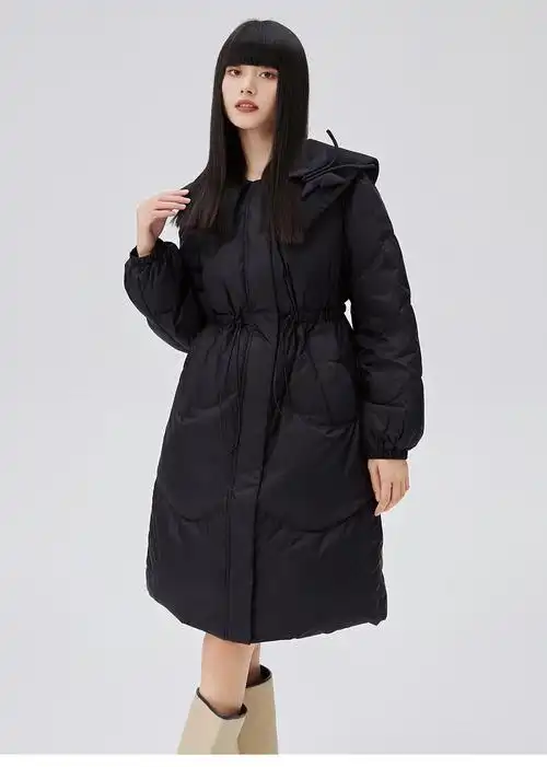 艾莱依2022冬季新款大翻领鸭绒亮面羽绒服女装长款宽松蝴蝶结外套 暖