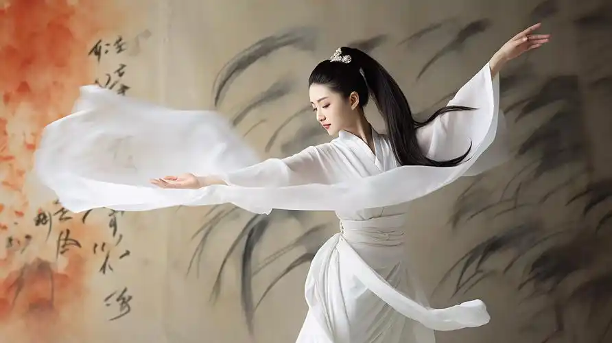 舞蹈东方古典舞年轻美丽的美女舞者在伸着胳膊手臂跳舞姿态优雅韵味