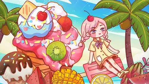 美味冰淇淋夏天海滩可爱少女甜点水果
