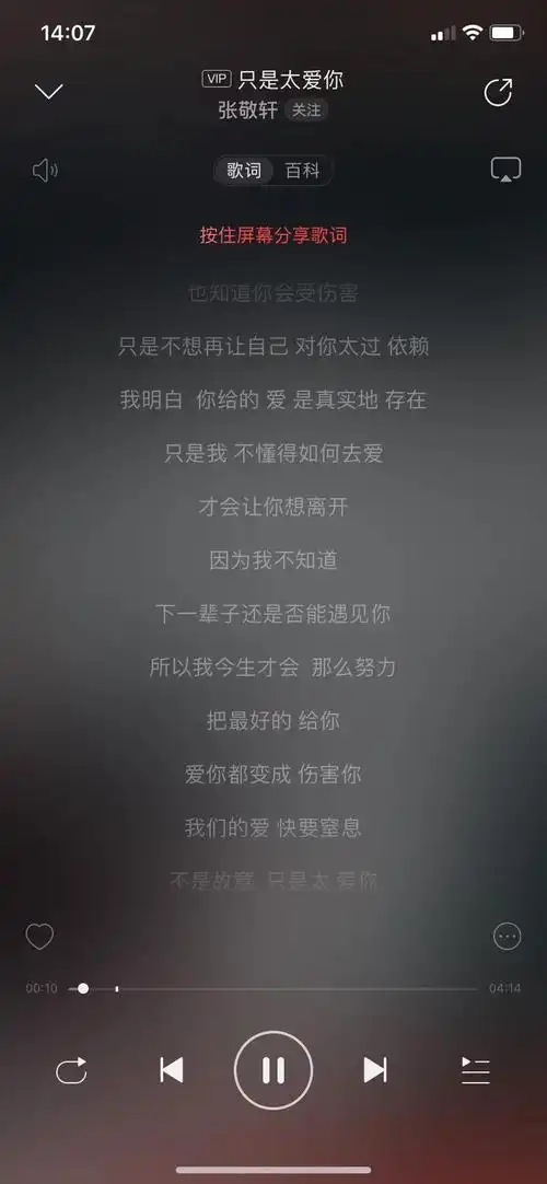 这句歌词来自张敬轩的《只是太爱你》