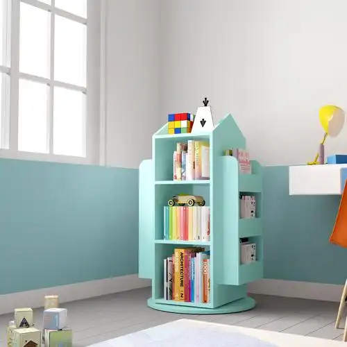 可比熊儿童实木旋转书架简约收纳书橱360度小书柜学生置物架创意