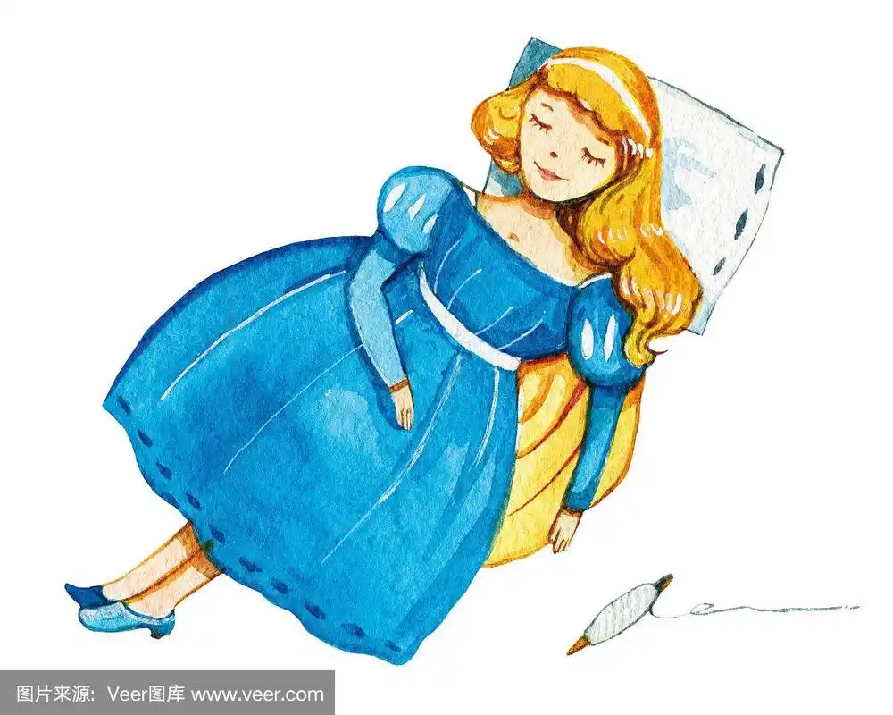 手绘水彩画睡美人在蓝色裙子与纺锤
