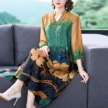 ealv真丝连衣裙女中年女装夏装洋气品牌气质母亲节中年妈妈桑蚕丝大气