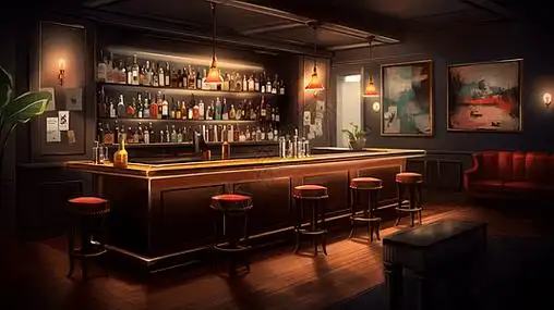 沙发,昏暗的鸡尾酒吧插画