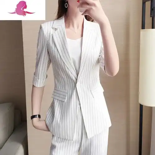 西装外套女春夏季白色韩版休闲时尚薄款高端职业套装ol条纹小西服套装