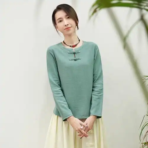 女装春季民族风衬衫圆领文艺复古盘扣亚麻长袖t恤棉麻上衣打底衫
