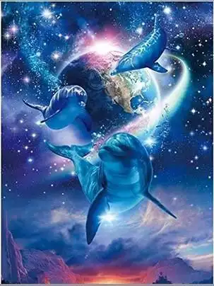 三只海豚宇宙星空地球环绕梦幻风景钻石画