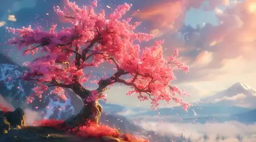 浪漫的樱花壁纸,一棵巨大的粉红色樱花树,天空,远山,美轮美奂的场景