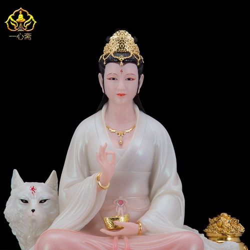 19/26英寸坐像汉白玉彩绘贴金狐仙娘娘供奉招财招桃花灵狐仙神像