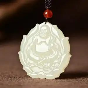 天然和田玉莲花笑佛吊坠 白玉弥勒佛玉坠 男女款玉石佛公牌子挂件