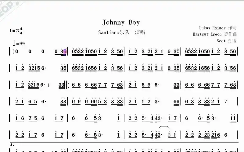【德国硬汉老头组合】johnny boy(santiano演唱)--动态简谱
