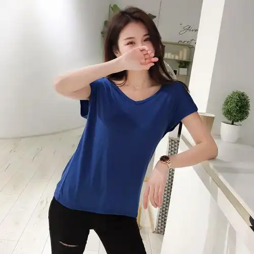 2020新品莫代尔t恤女短款宽松v领短袖打底衫薄款百搭纯色大码