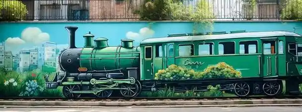 这种墙绘通常具有生动栩栩如生的火车车厢,铁轨,列车司机和乘客等元素