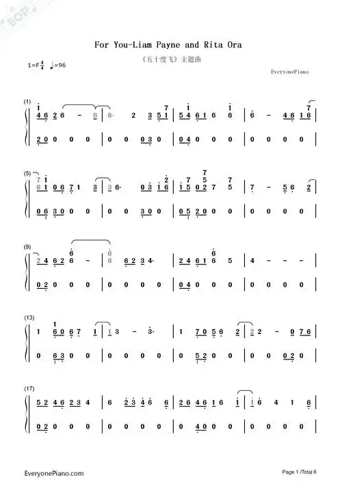 for you-五十度飞主题曲双手简谱预览1